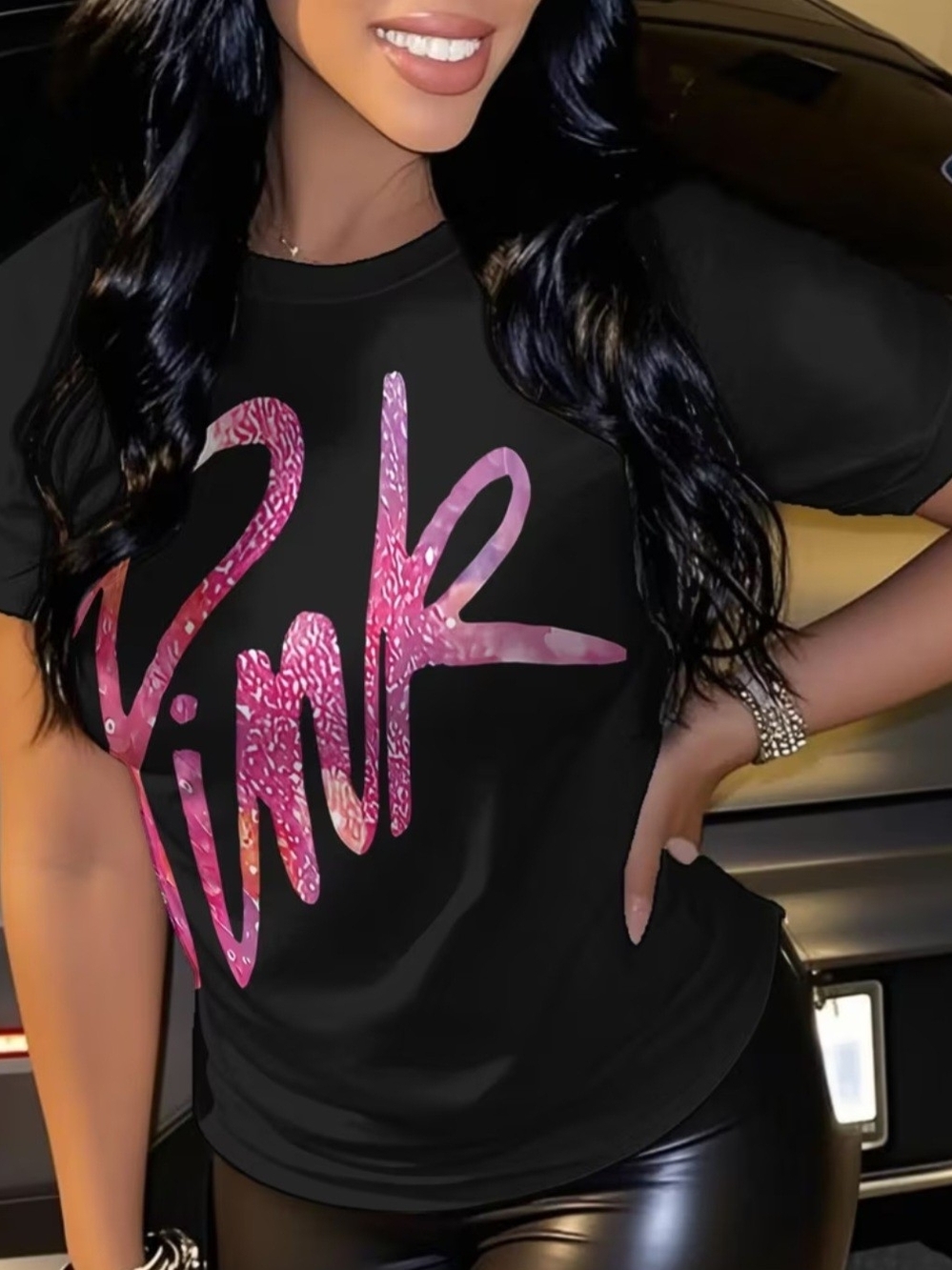 Black Women's Graphic Tee with Pink Metallic Script